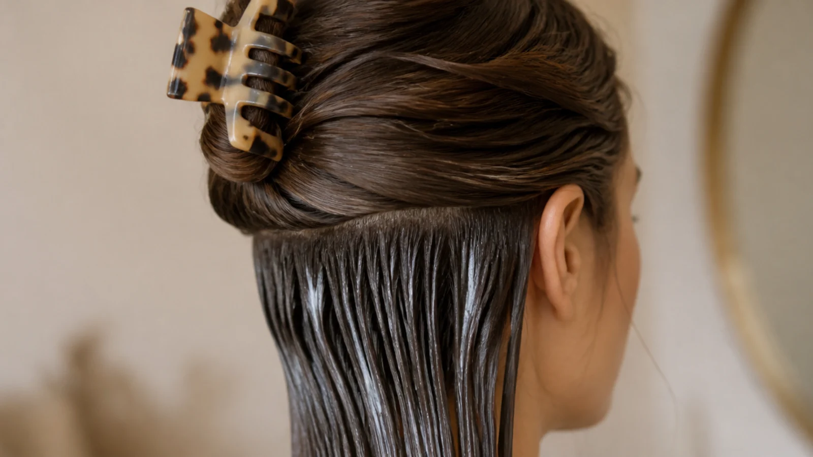 A conditioning mask combed through the lower half of long wet hair
