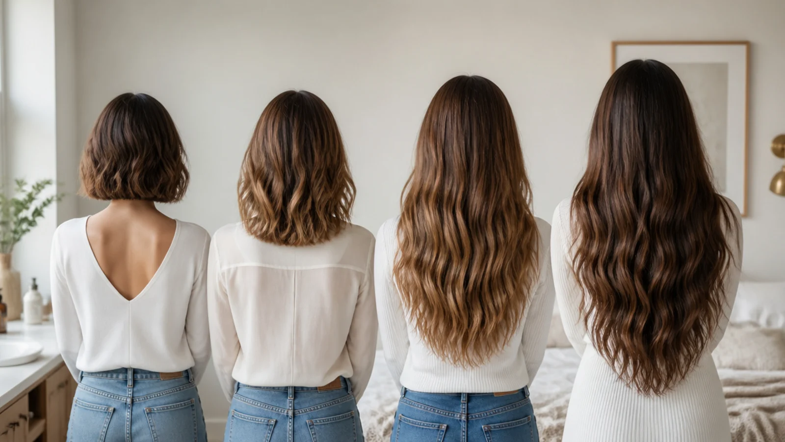 Long hair falling to the mid back against a plain wall