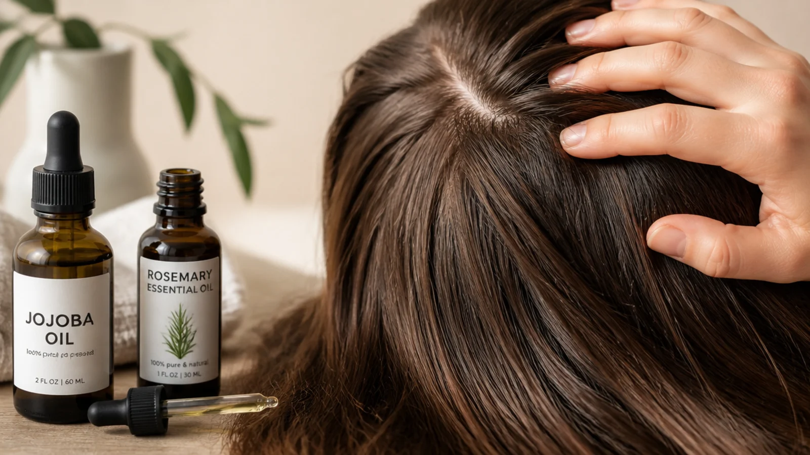 A dropper of rosemary oil held above a parting, with a sprig of rosemary beside it