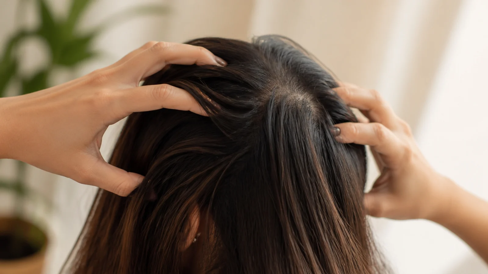 Fingertips working in small circles across a scalp