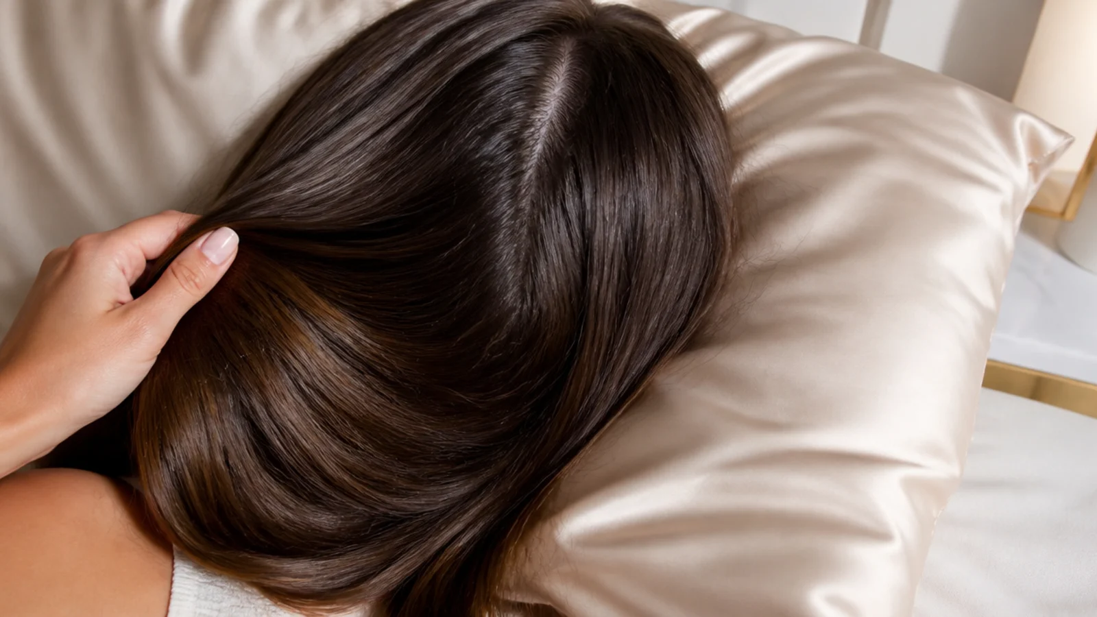 Long hair spread across a smooth satin pillowcase