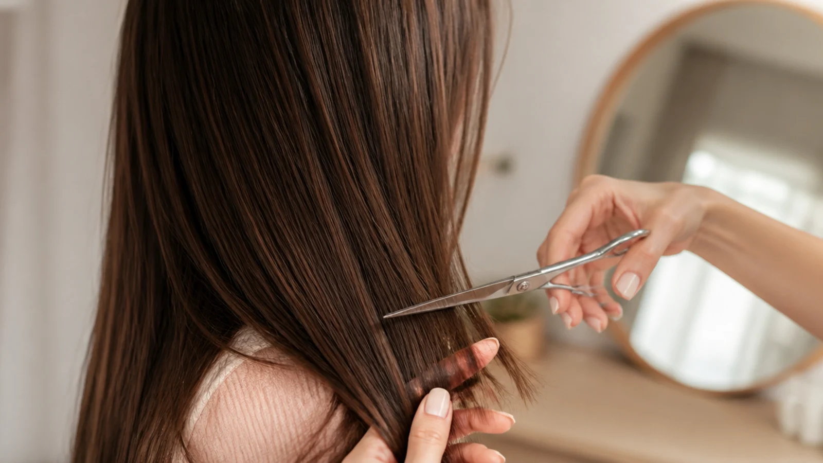 Scissors taking a fraction of an inch off the very ends of a section