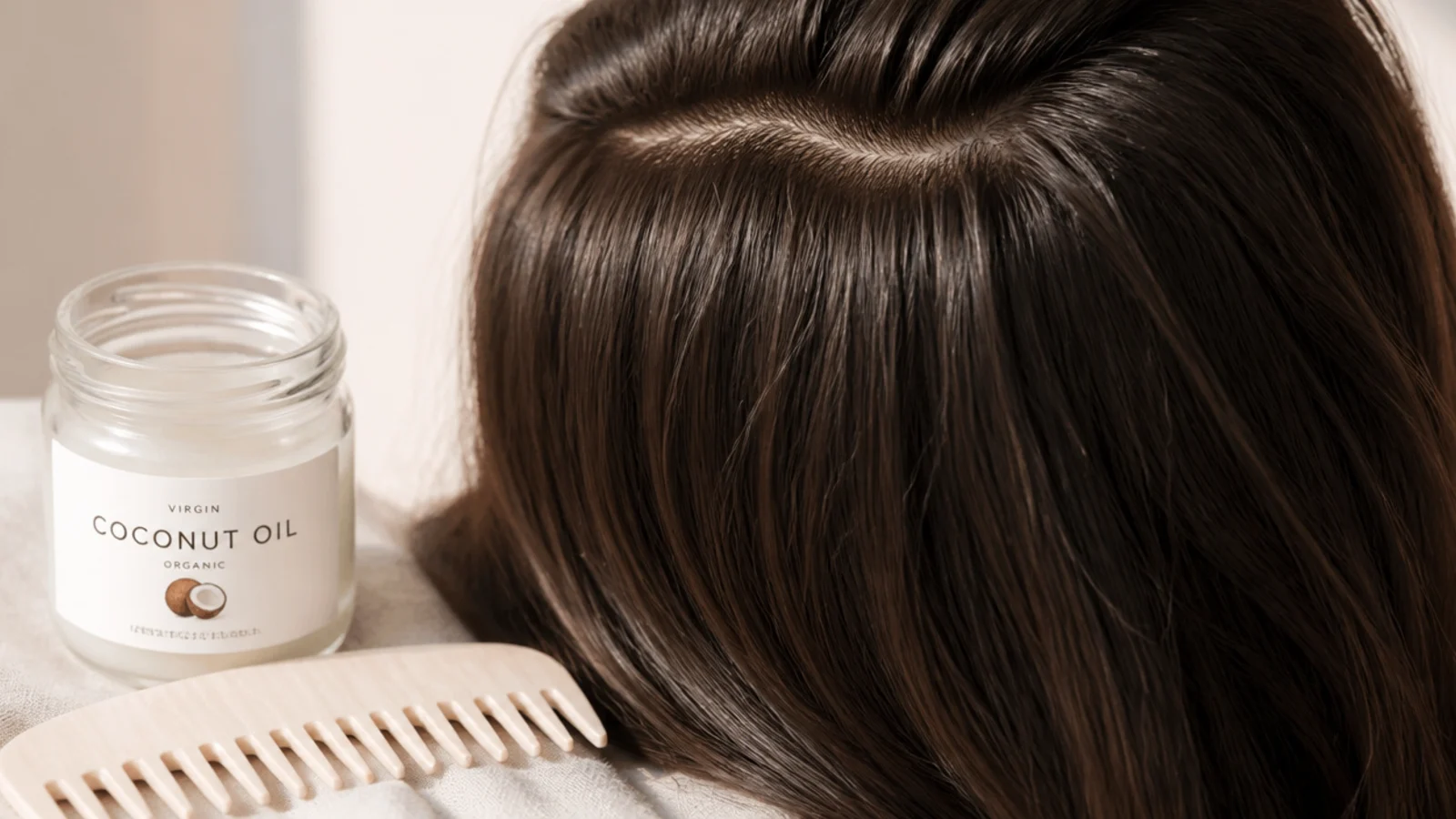 Coconut oil melting in a bowl beside a section of dry hair
