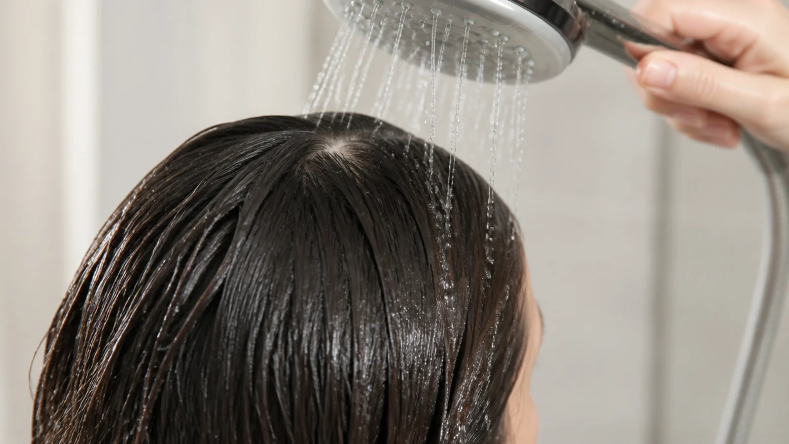 Water running over hair under a shower head