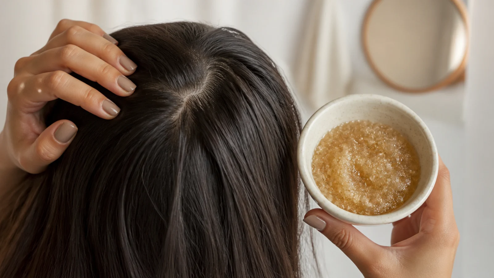 A granular scalp scrub being massaged along a parting