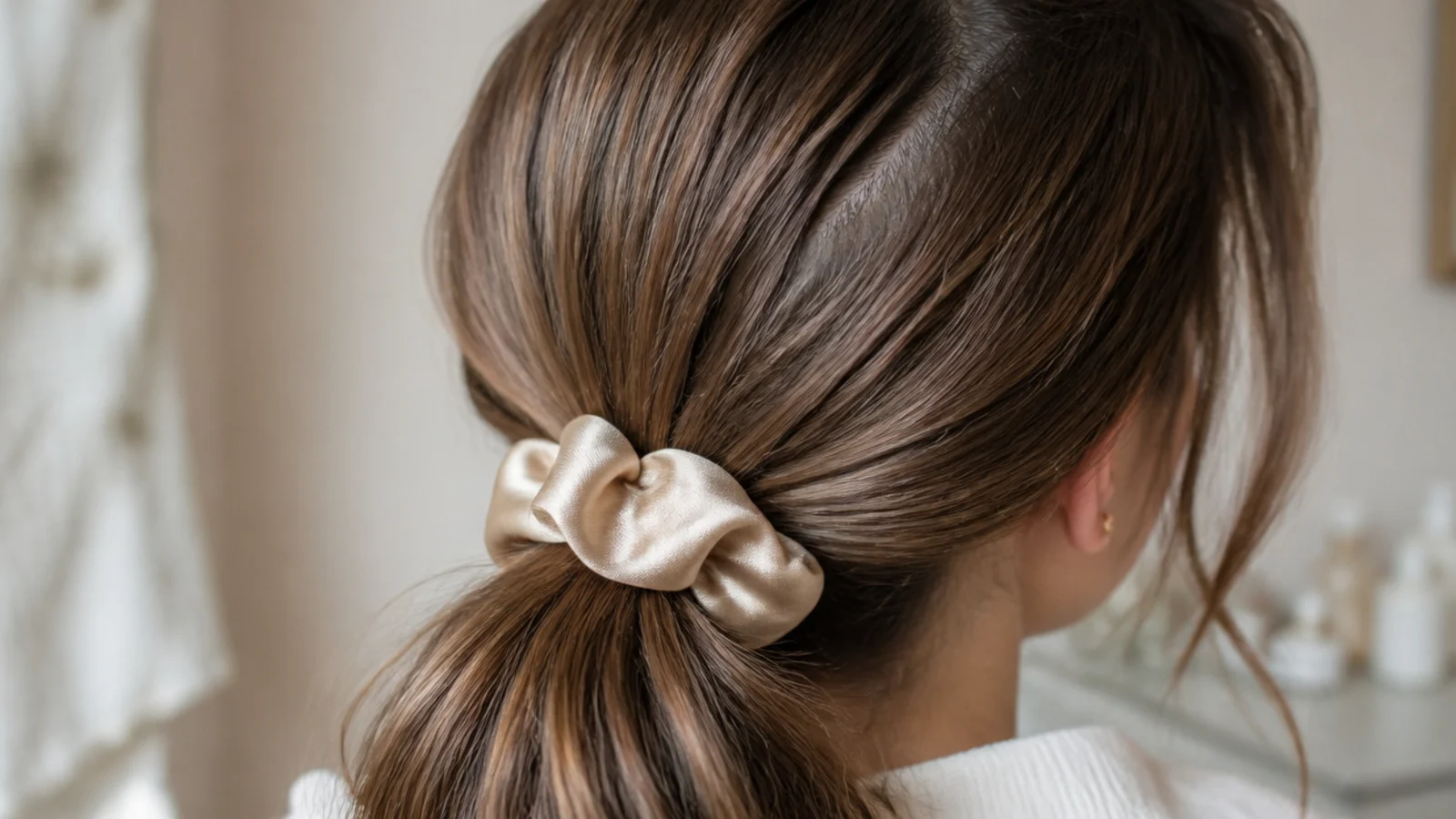 A satin scrunchie holding a loose ponytail