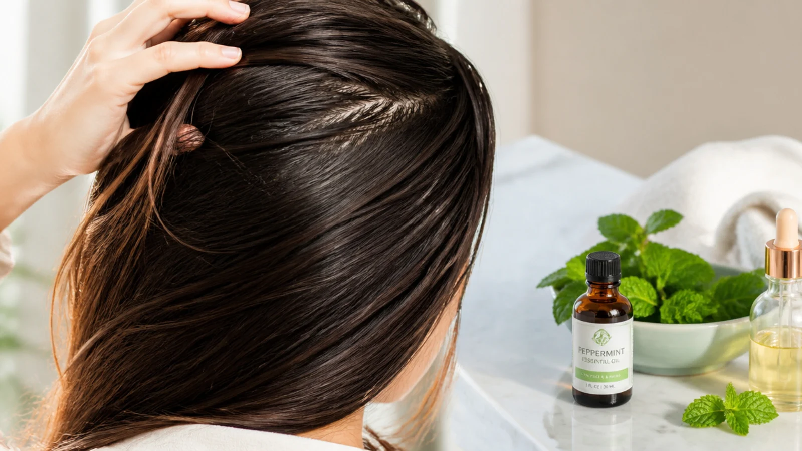 A small bottle of peppermint oil beside fresh mint leaves