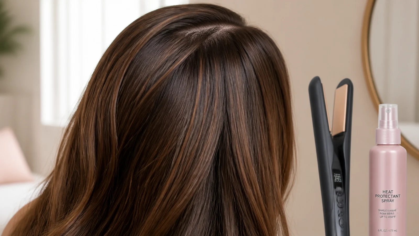 A straightener with its temperature display visible beside a section of hair