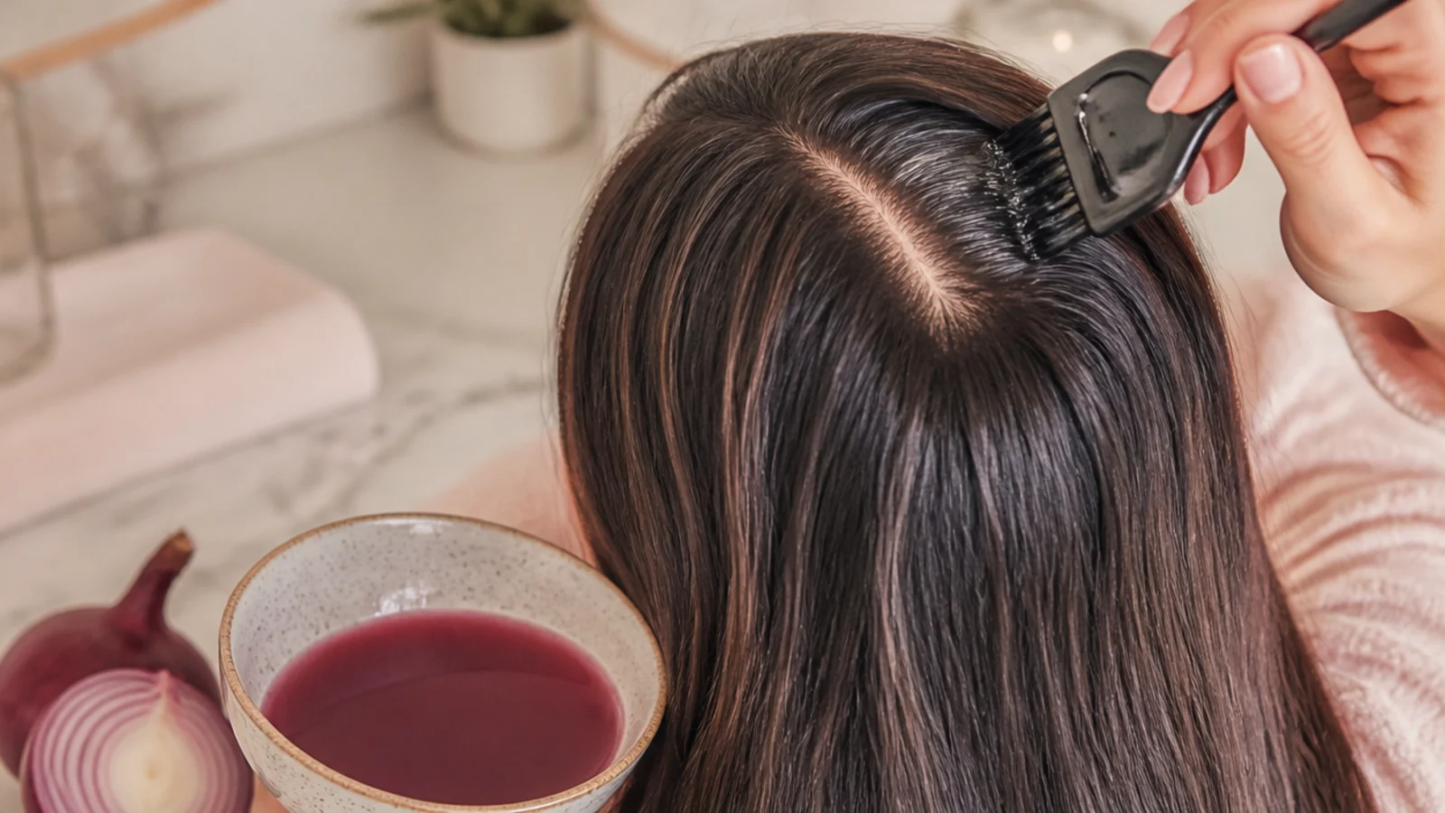 Onion juice in a bowl being brushed along a parting with a tint brush