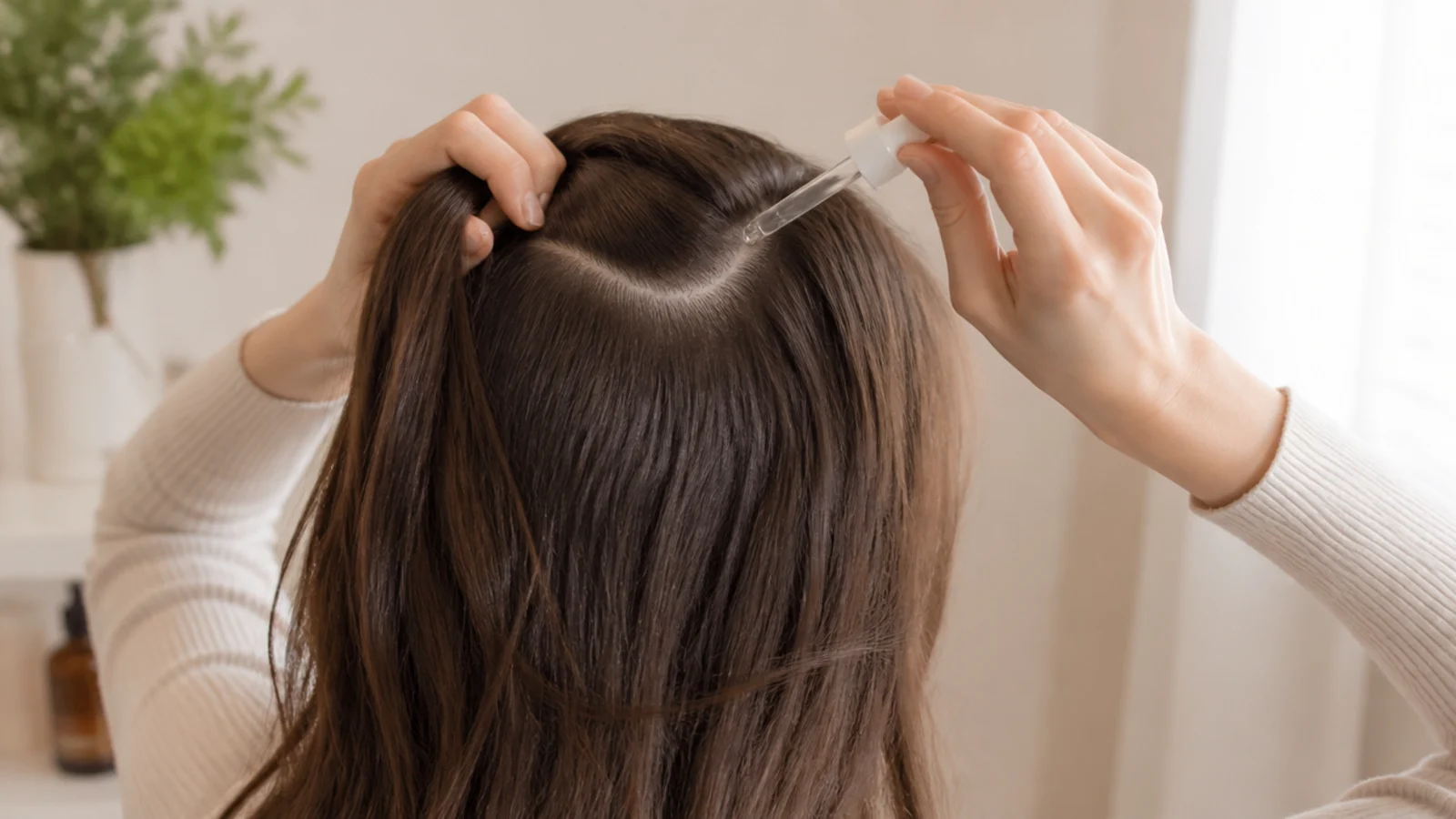 A close view of a clean scalp at the parting