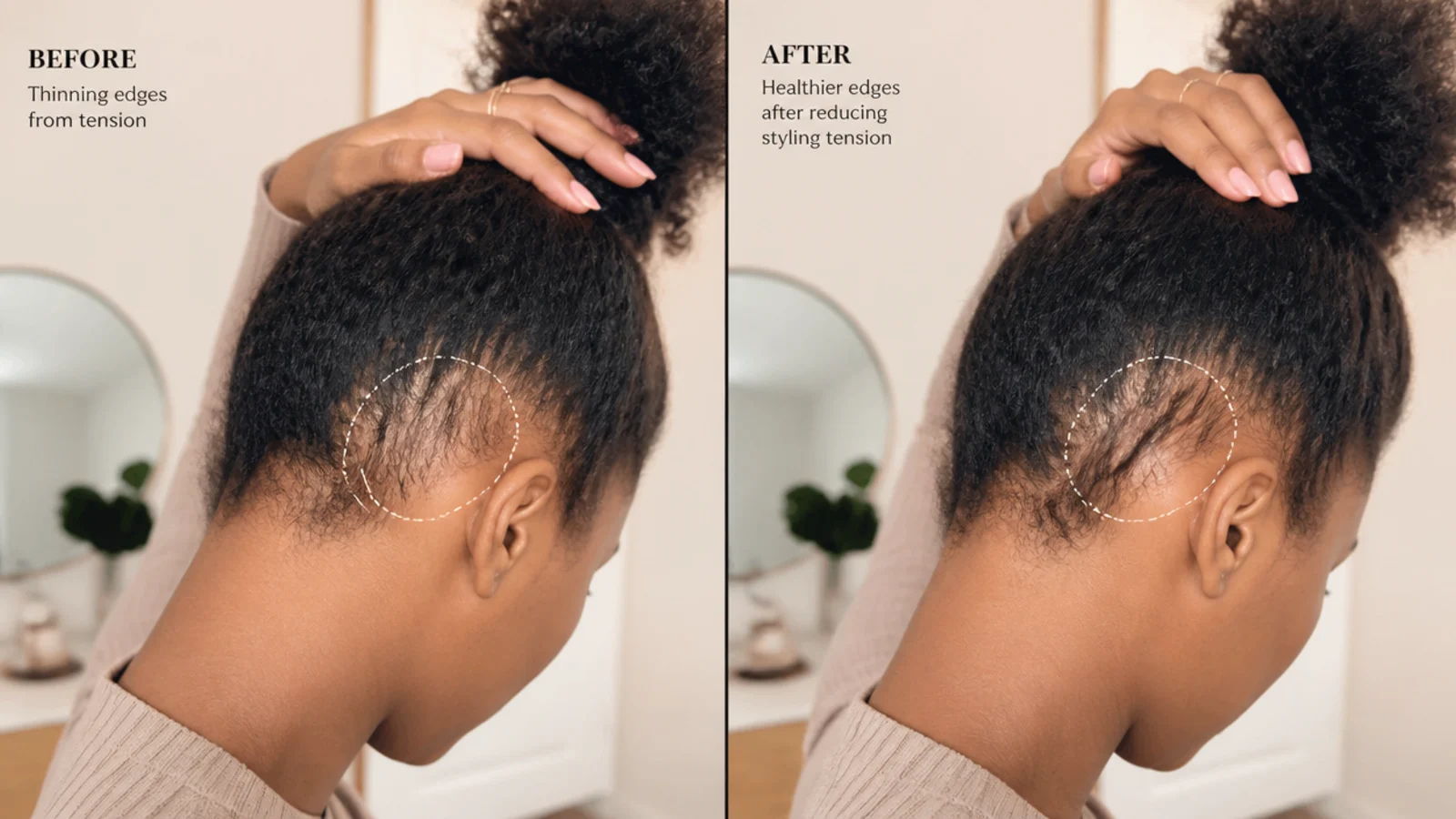 A woman examining a thinning parting in a bathroom mirror