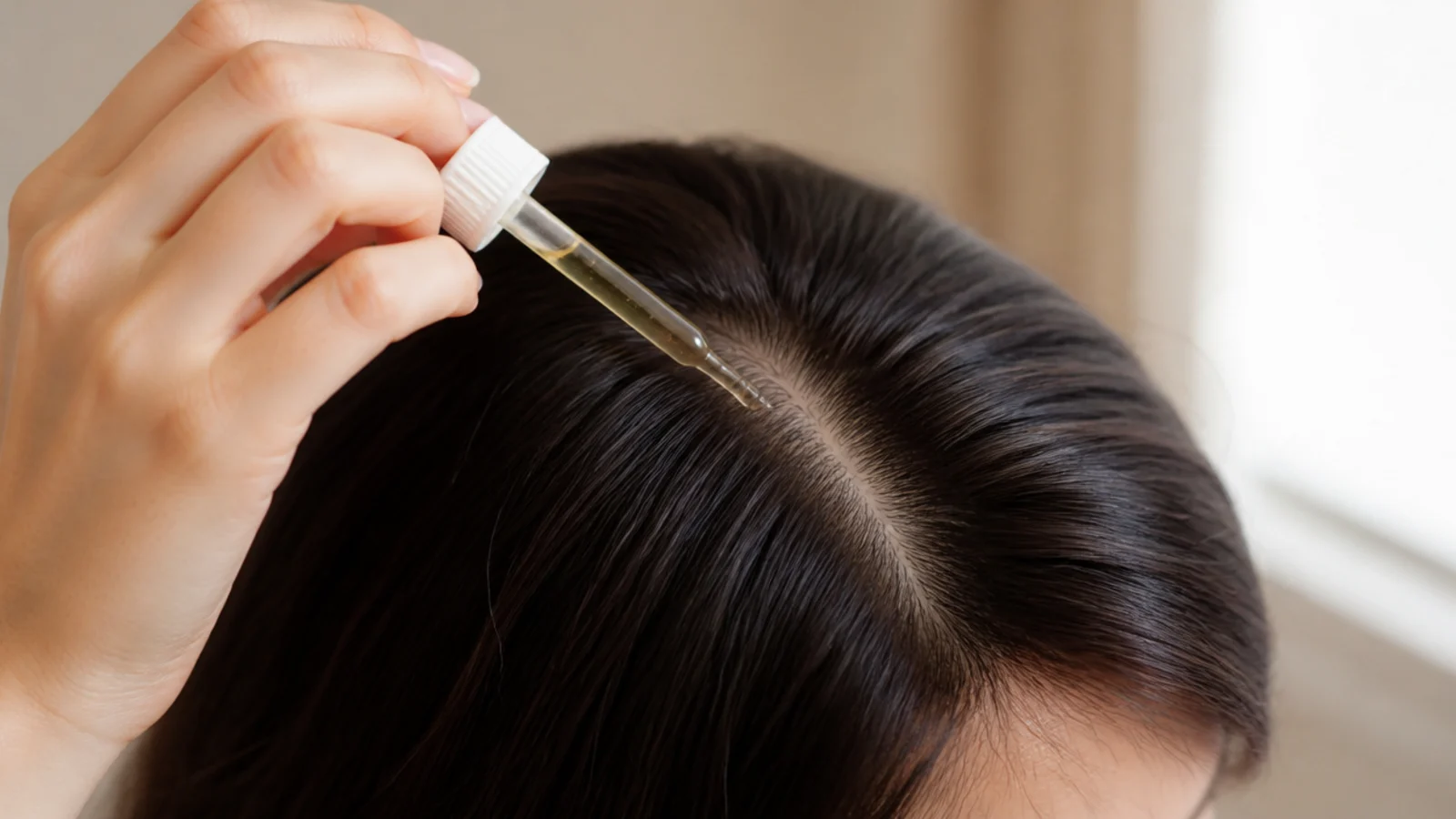 A bottle of rosemary oil and fresh rosemary beside a wooden brush