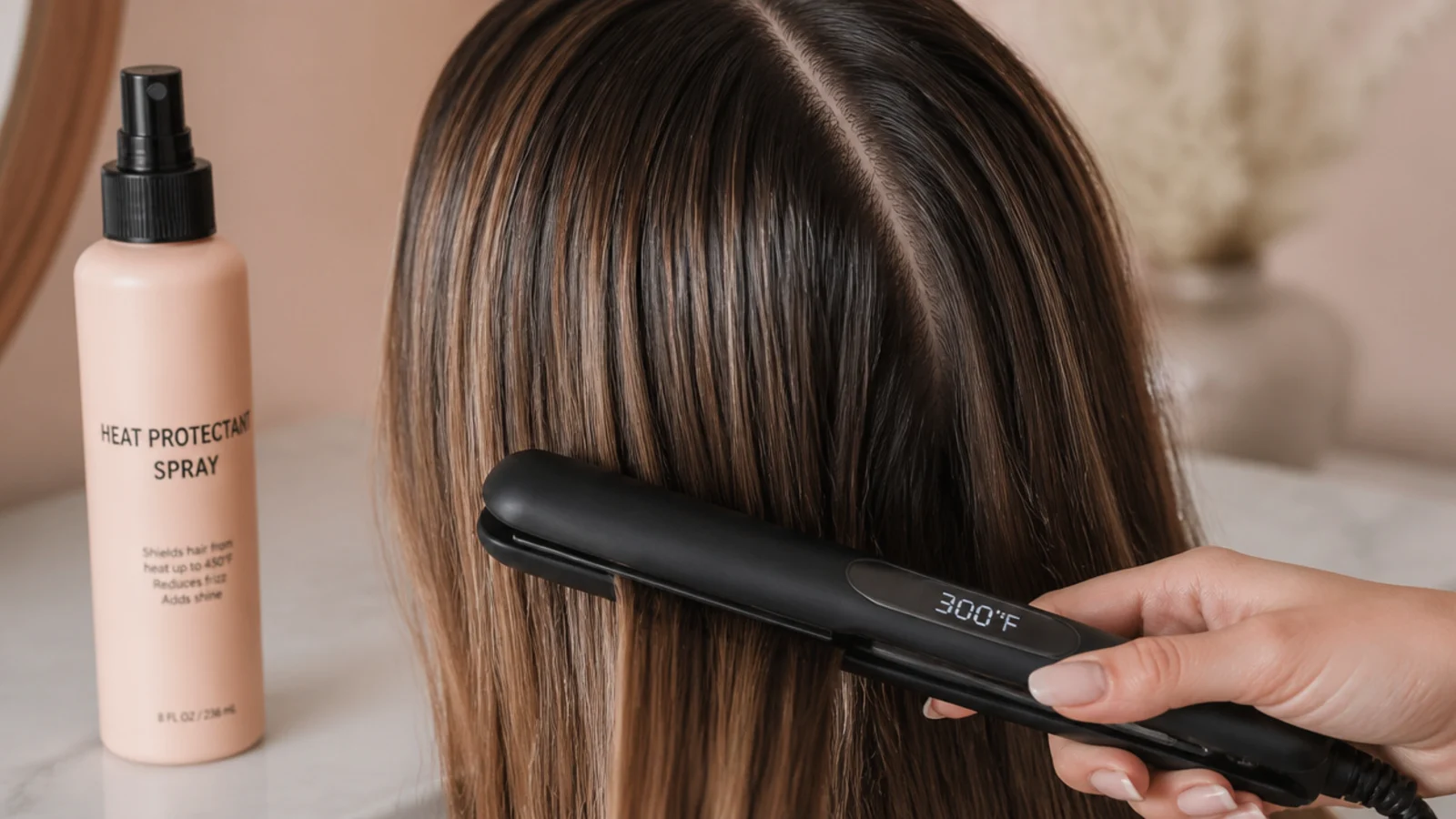A straightener showing its temperature setting beside a section of hair