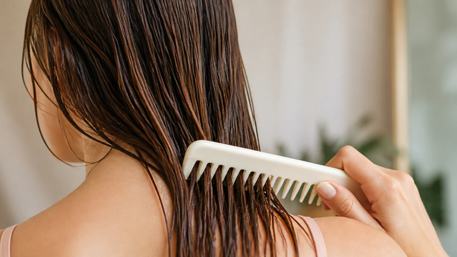 A wide tooth comb being drawn through the last few inches of hair