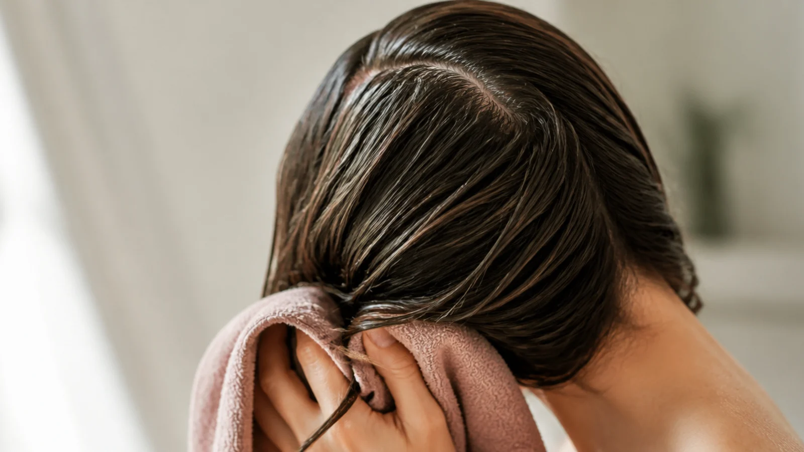 Damp hair wrapped in a microfiber towel