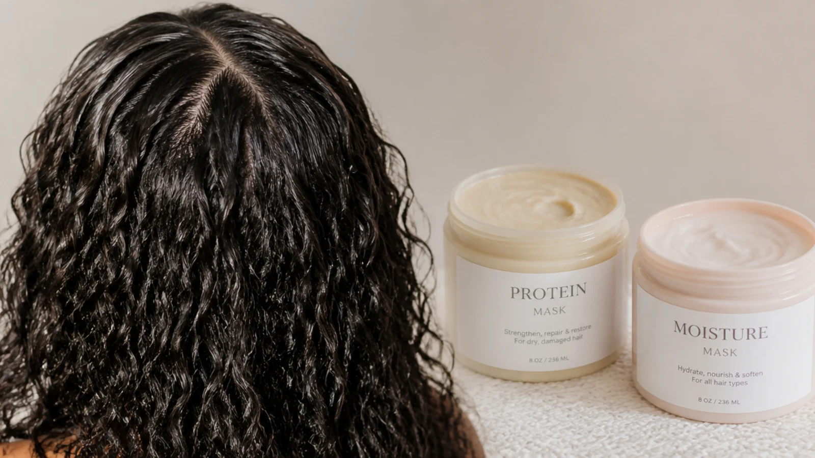 A thick conditioning mask being combed through the mid lengths