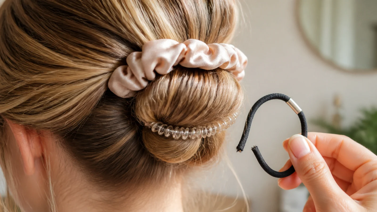 A silk scrunchie gathering a low ponytail
