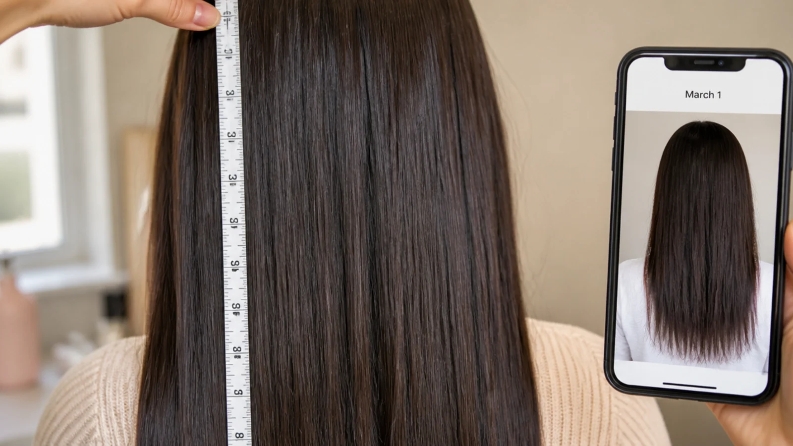 A phone photographing hair length against a plain wall