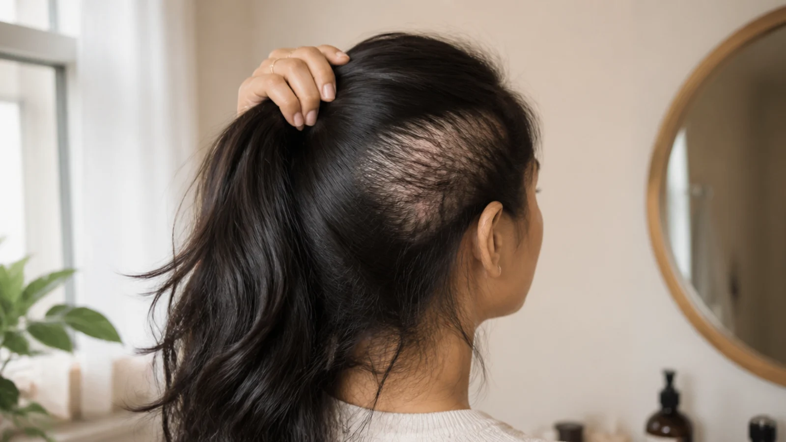 A woman checking a widening parting in a hand mirror