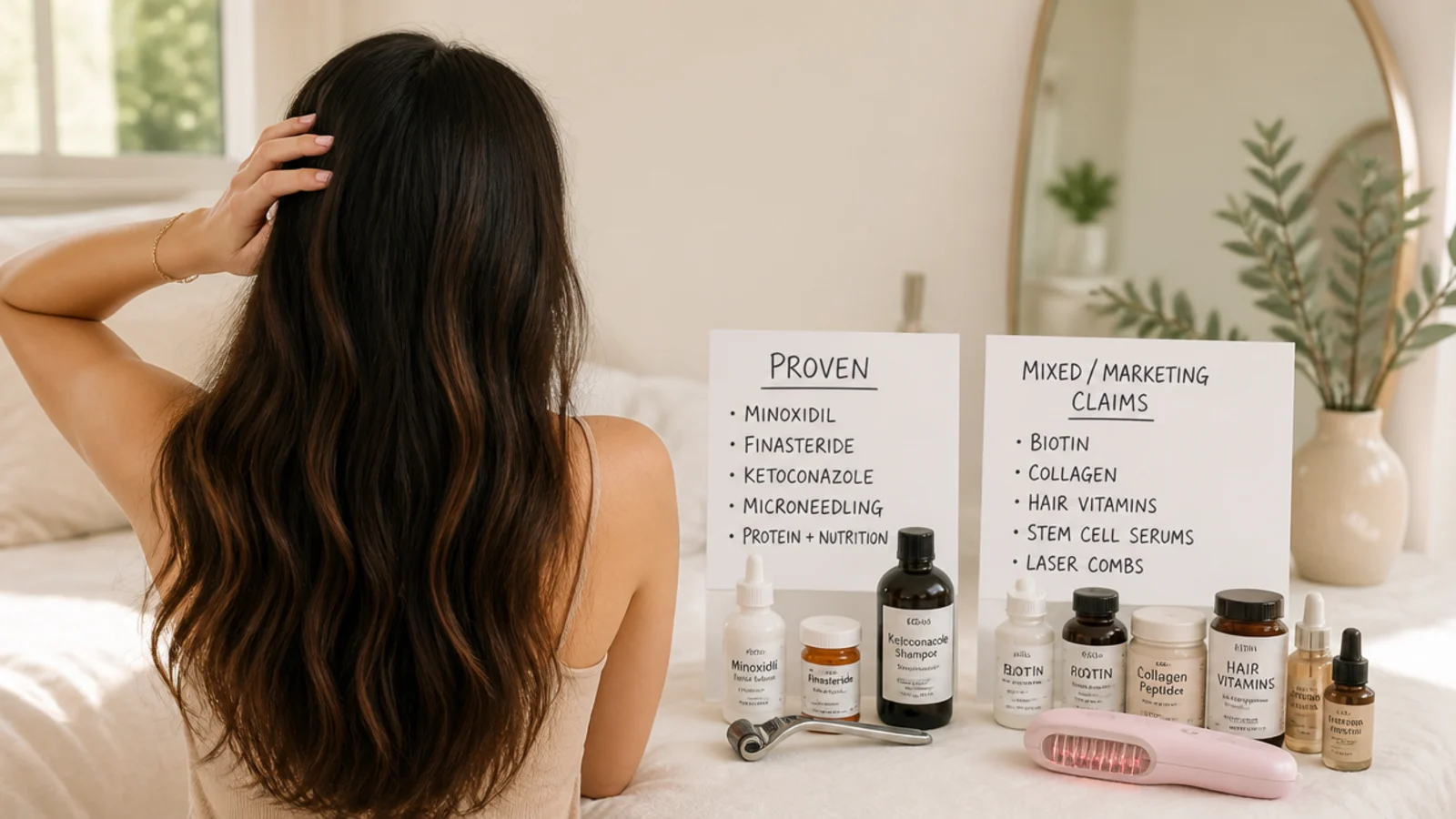 Hair care products sorted into two groups on a counter