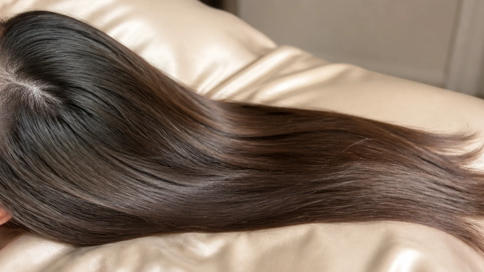 Hair spread across a smooth satin pillowcase