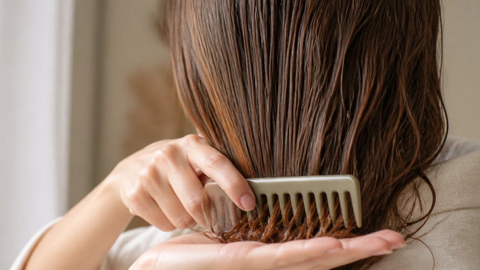 A wide tooth comb resting in damp sectioned hair