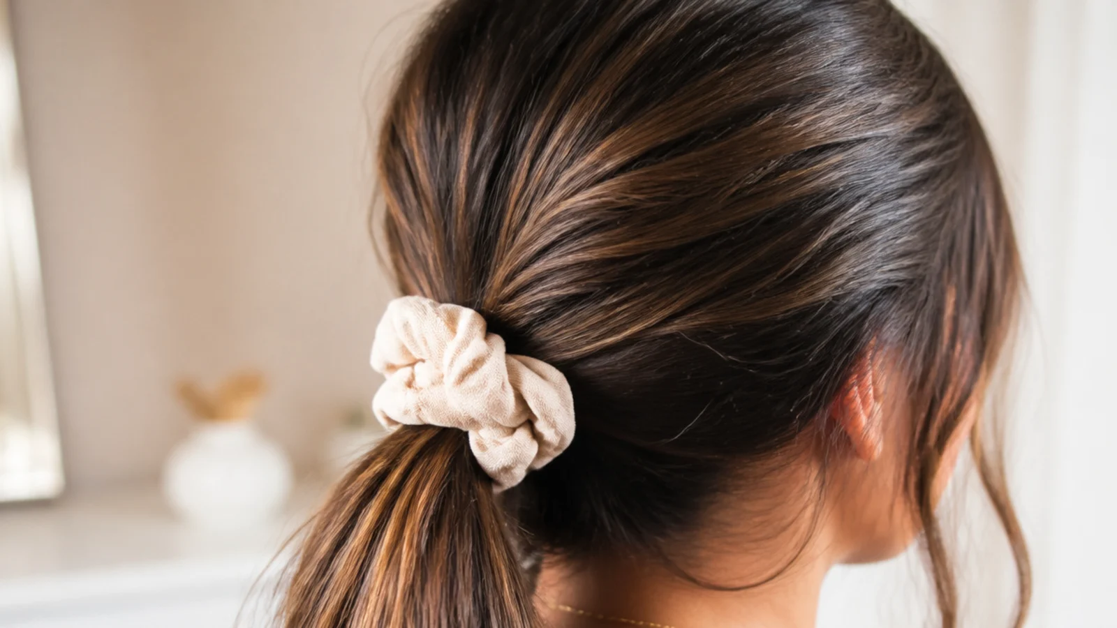 A loosely gathered ponytail with slack at the hairline