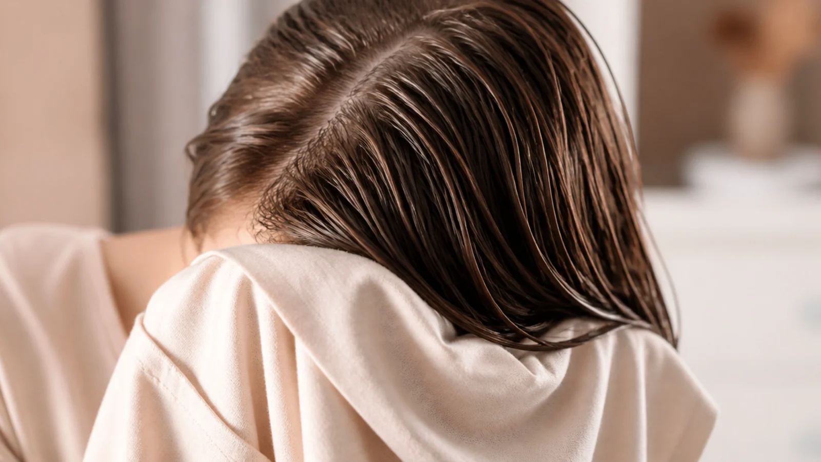 Wet hair being blotted with a plain cotton t shirt