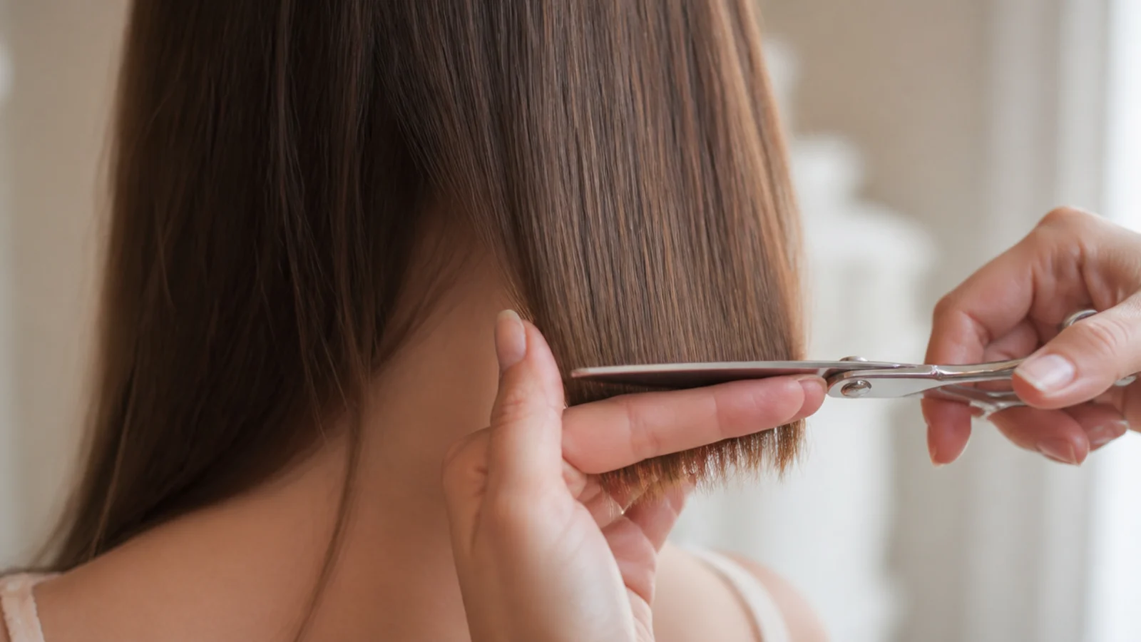 Shears trimming a small amount from the ends of a held section