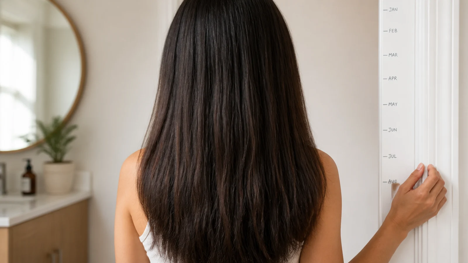 A phone camera photographing hair length against a plain wall