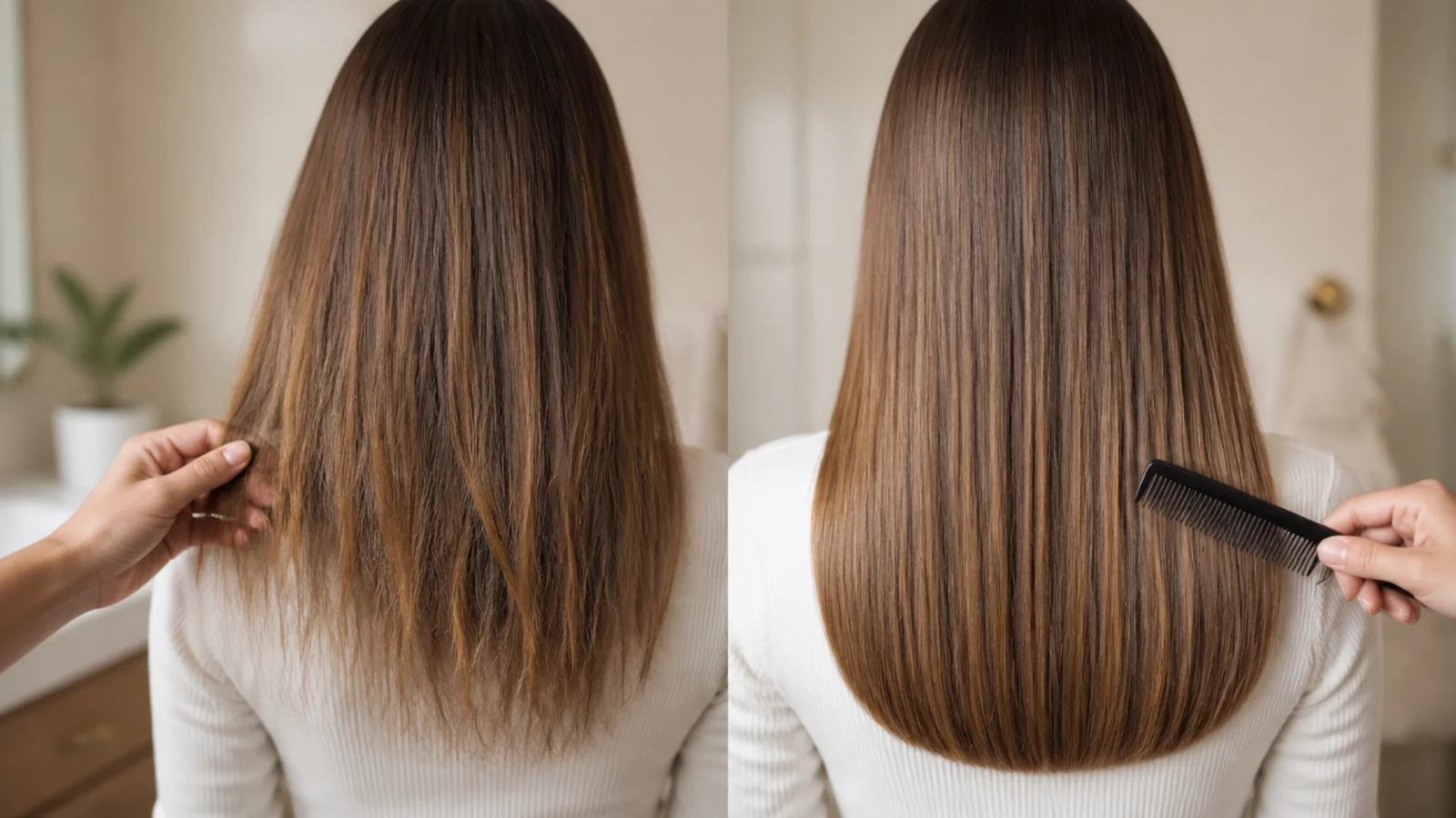 Frayed split ends held beside smooth healthy ends