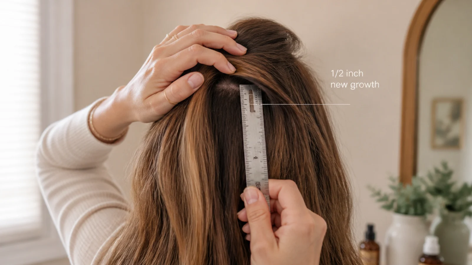 A tape measure held against a length of hair to check monthly growth