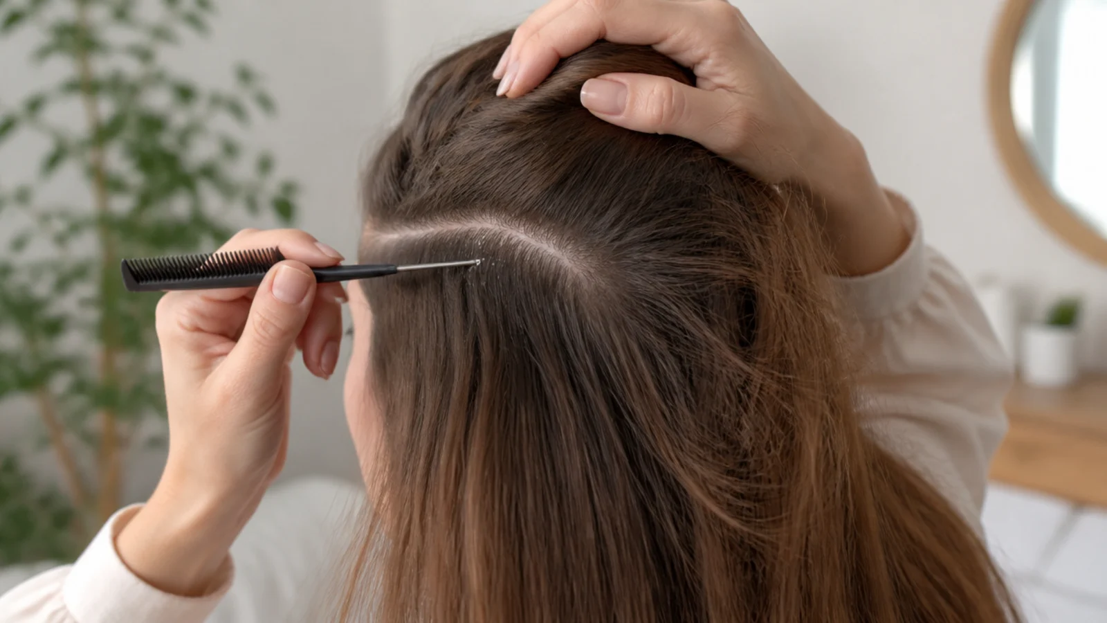 Fingertips massaging shampoo through a clean parting