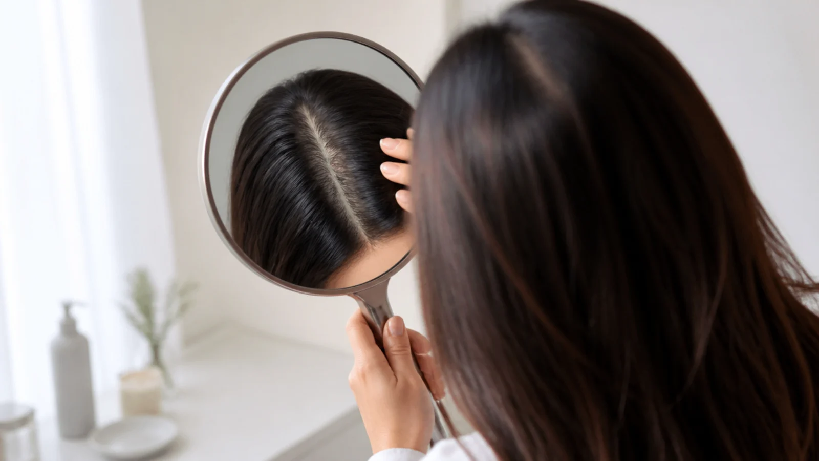 A doctor examining a patient's scalp under a light