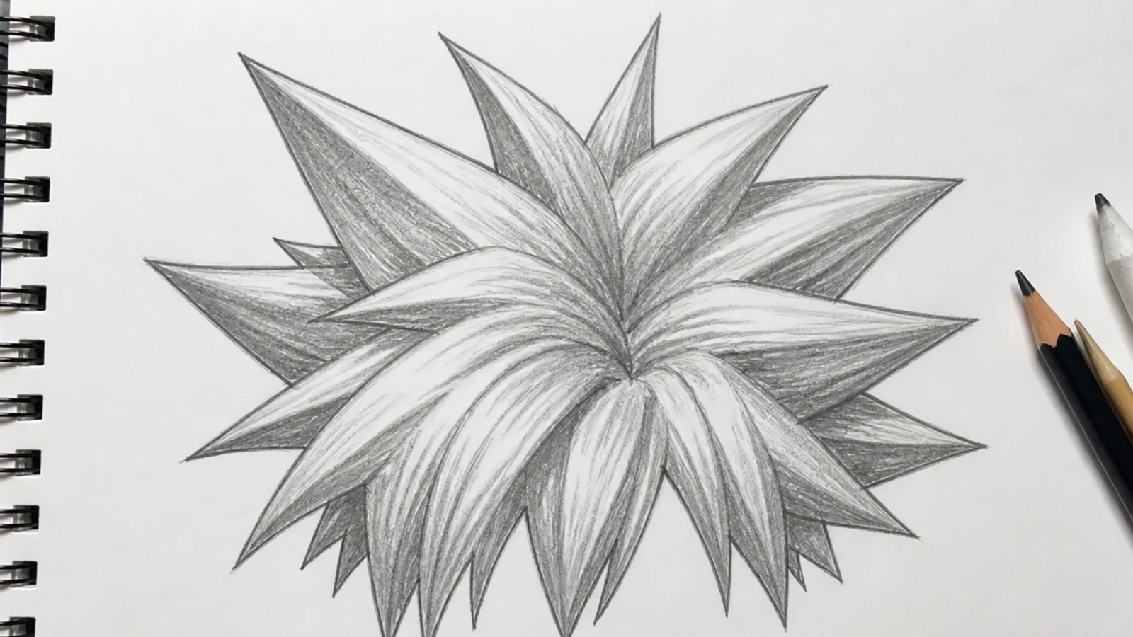 A pencil sketch of upward spiked anime hair with crossing points