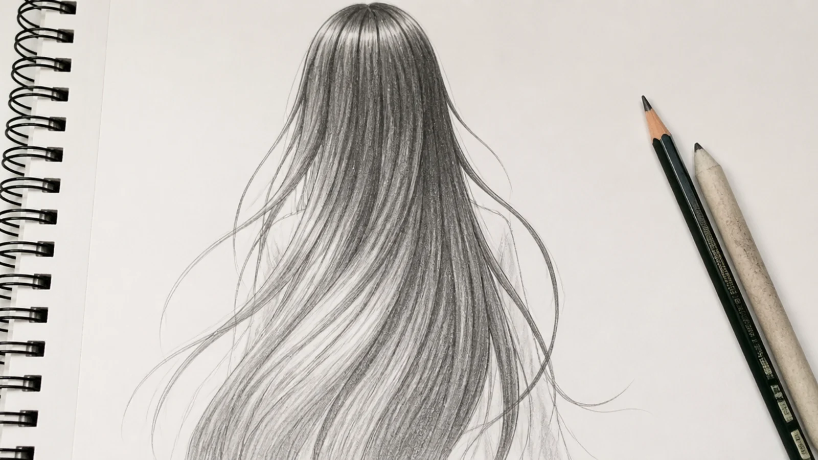 A graphite sketch of long straight anime hair falling past the shoulders