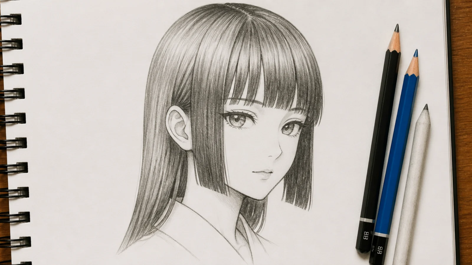 A pencil sketch of a hime cut with a blunt fringe and straight side panels