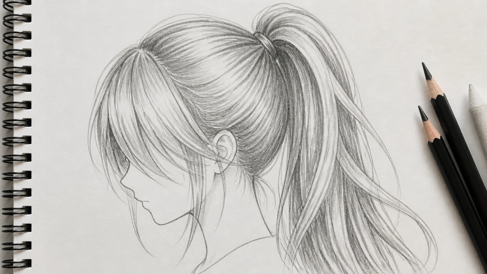 A pencil sketch of a high anime ponytail seen from behind