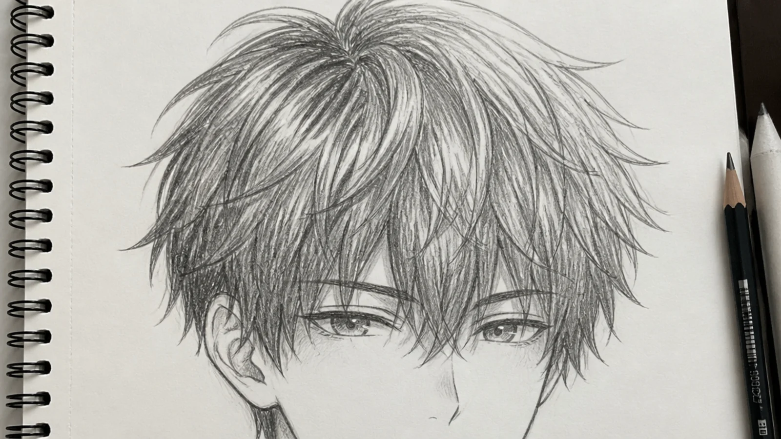 A graphite sketch of short messy anime hair on a male character