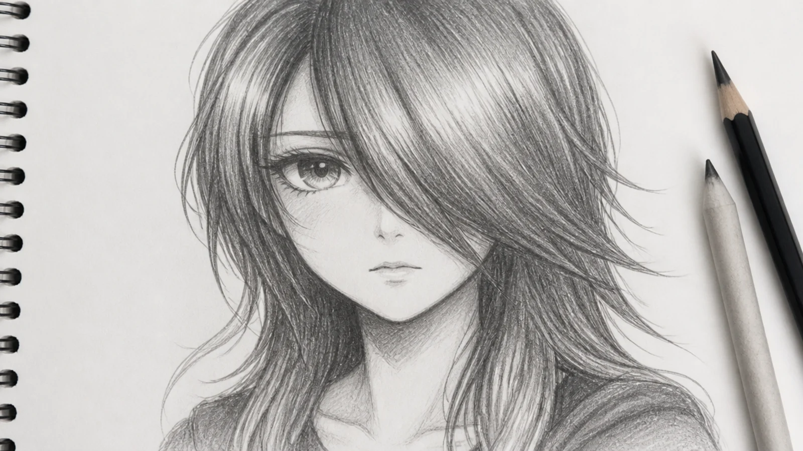 A sketch of anime hair sweeping across one eye
