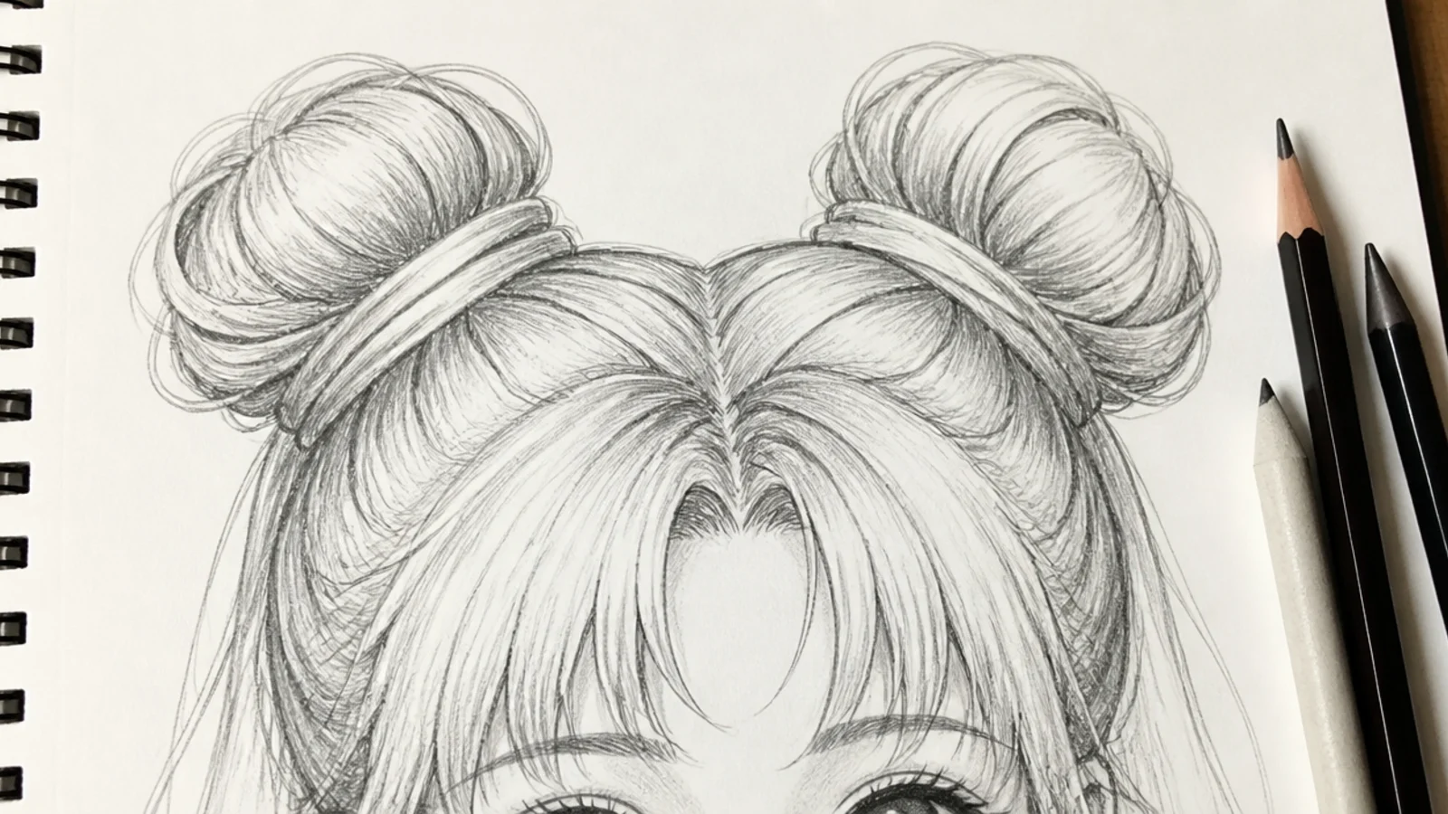 A sketch of two round odango buns with hair gathered into the base