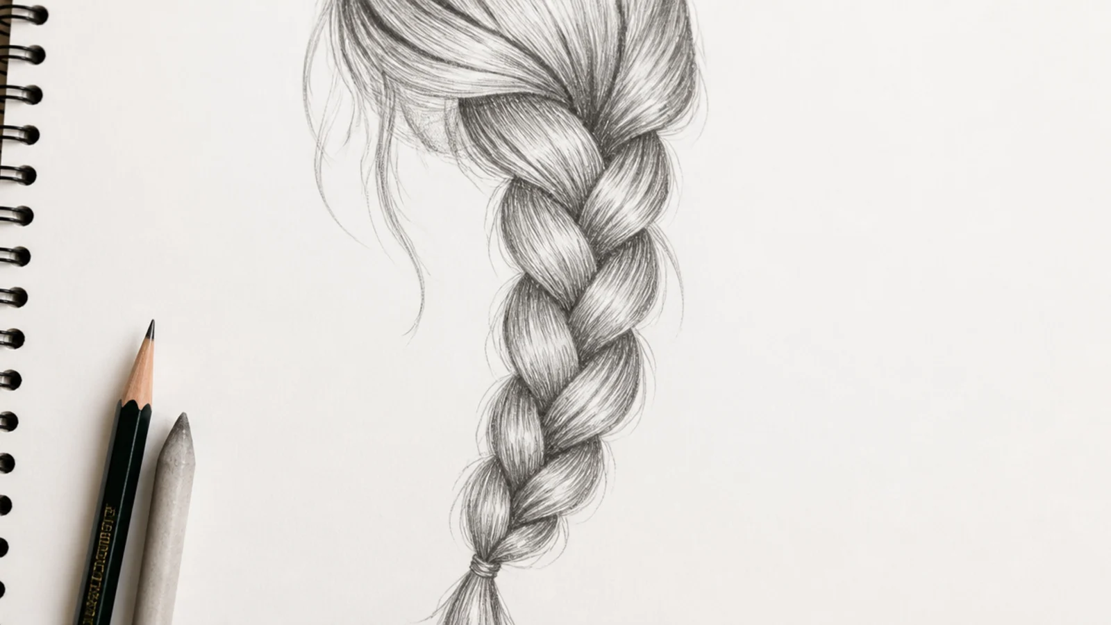 A graphite sketch of a long side braid over one shoulder