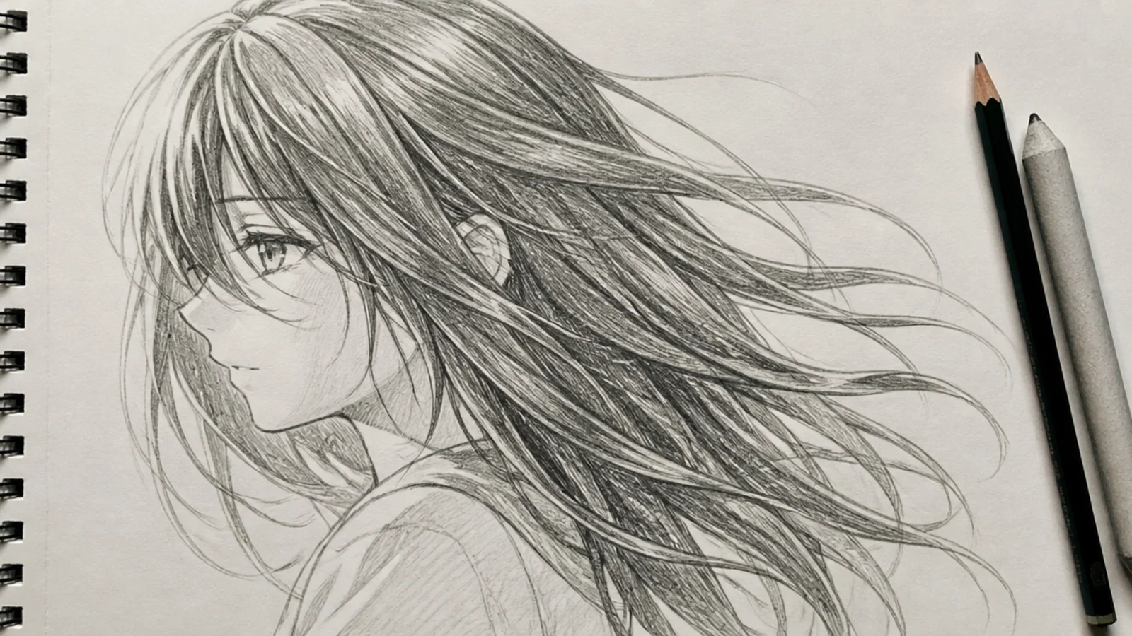 A pencil sketch of anime hair swept sideways by wind