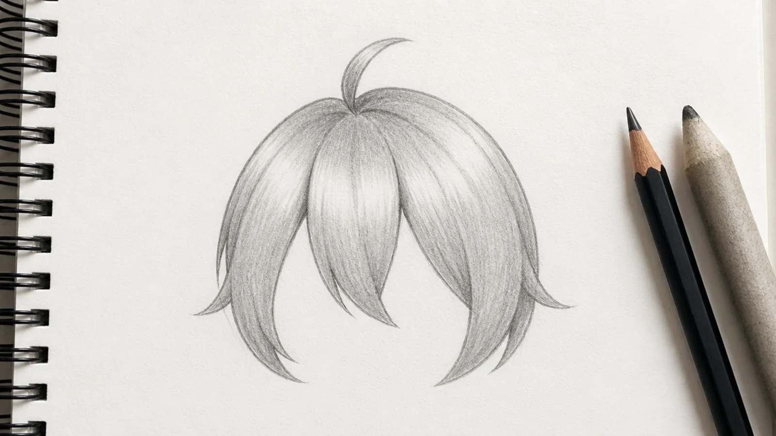 A simplified chibi head sketch with large rounded hair clumps