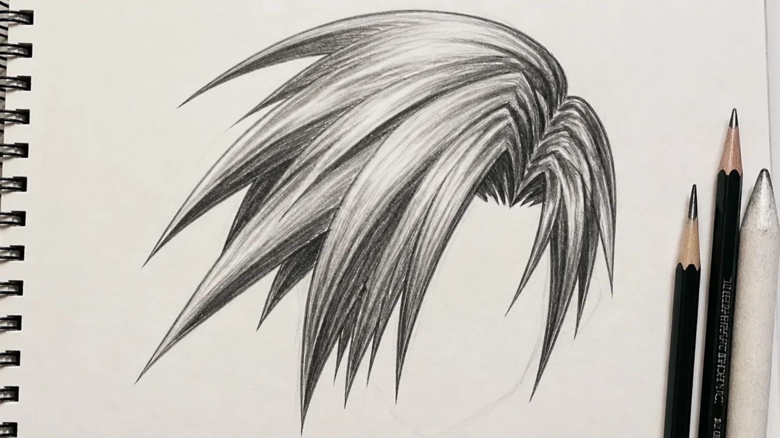 A sketch of angular swept back anime hair with sharp points