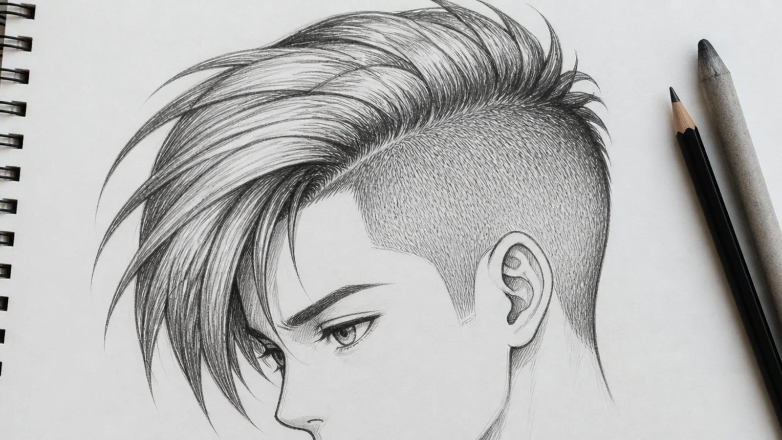 A pencil sketch of an anime undercut with a shaved side and longer top