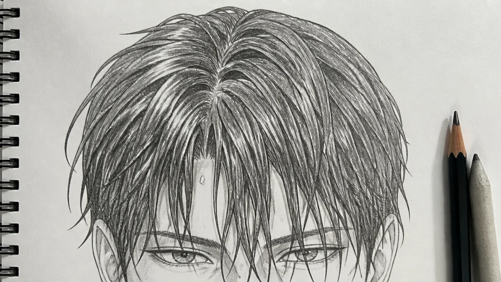 A graphite sketch of wet anime hair clinging to the head