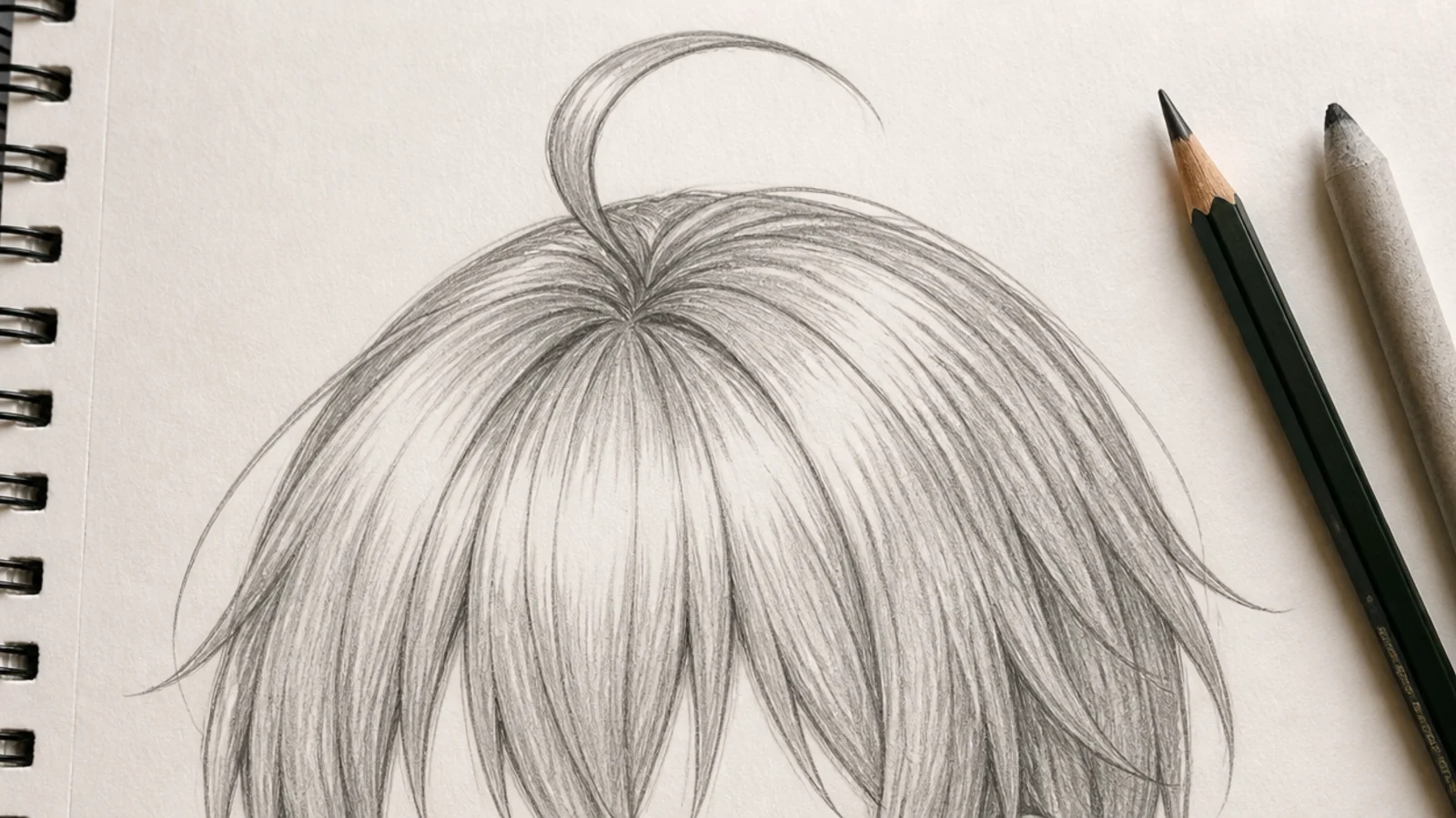 A sketch of anime hair with a single curved strand standing up at the crown