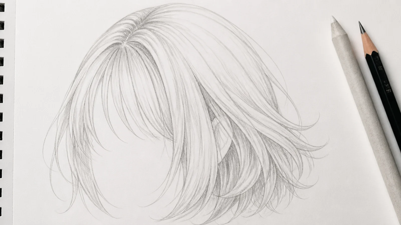 A light toned pencil sketch of an inverted bob with long front sections