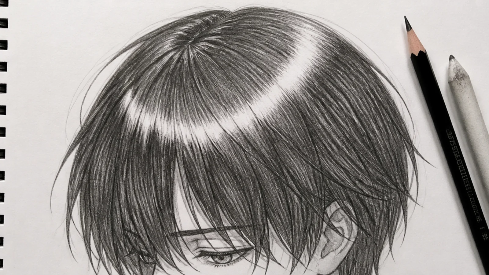 A sketch of very dark anime hair with a bright band lifted across the crown